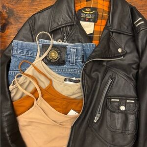 Luxury bundle-vintage 70s leather moto with designerjeans with 3 base layer tank